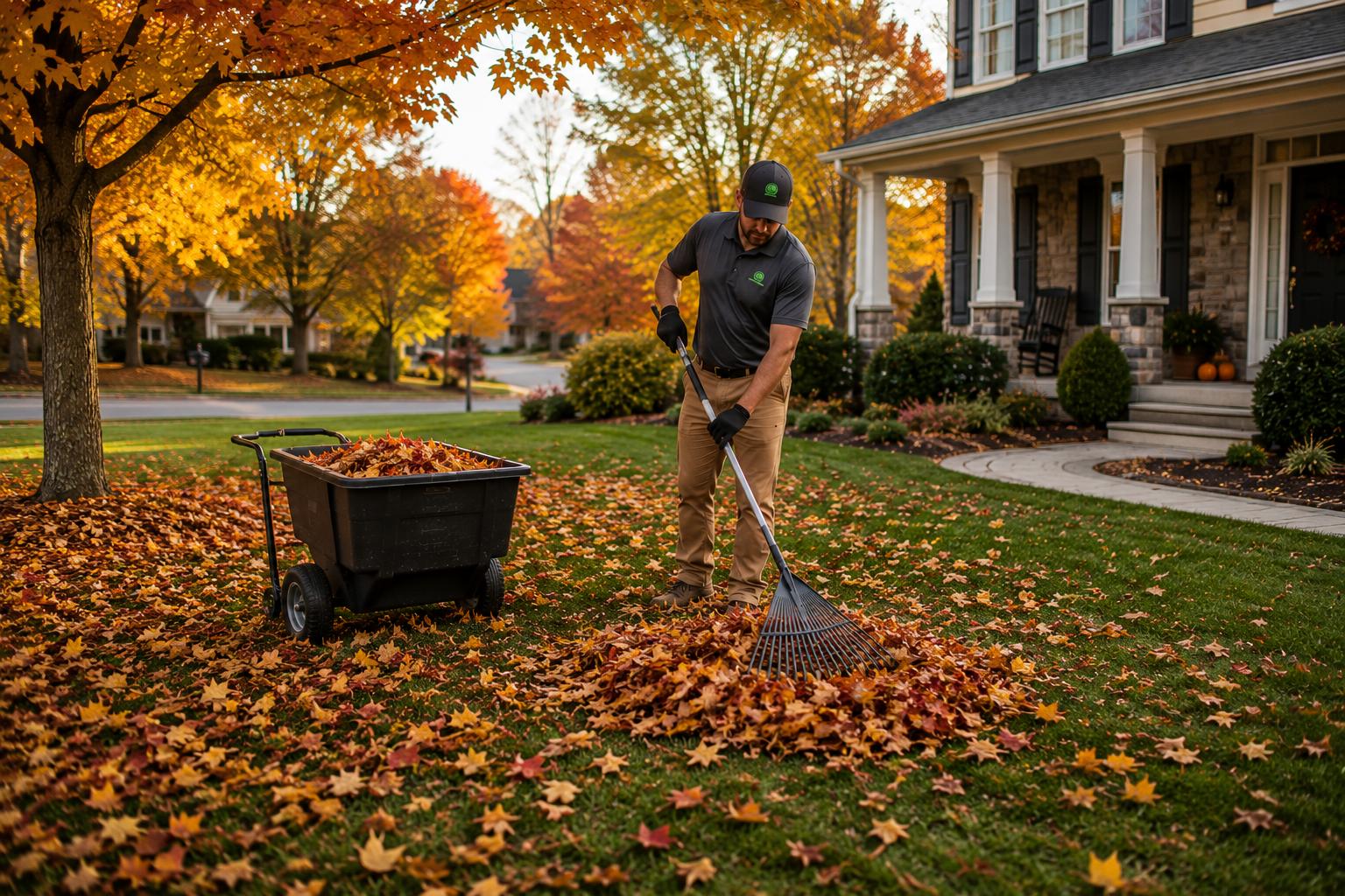 Evergreen worker raking leaves in the fall into a neat pile