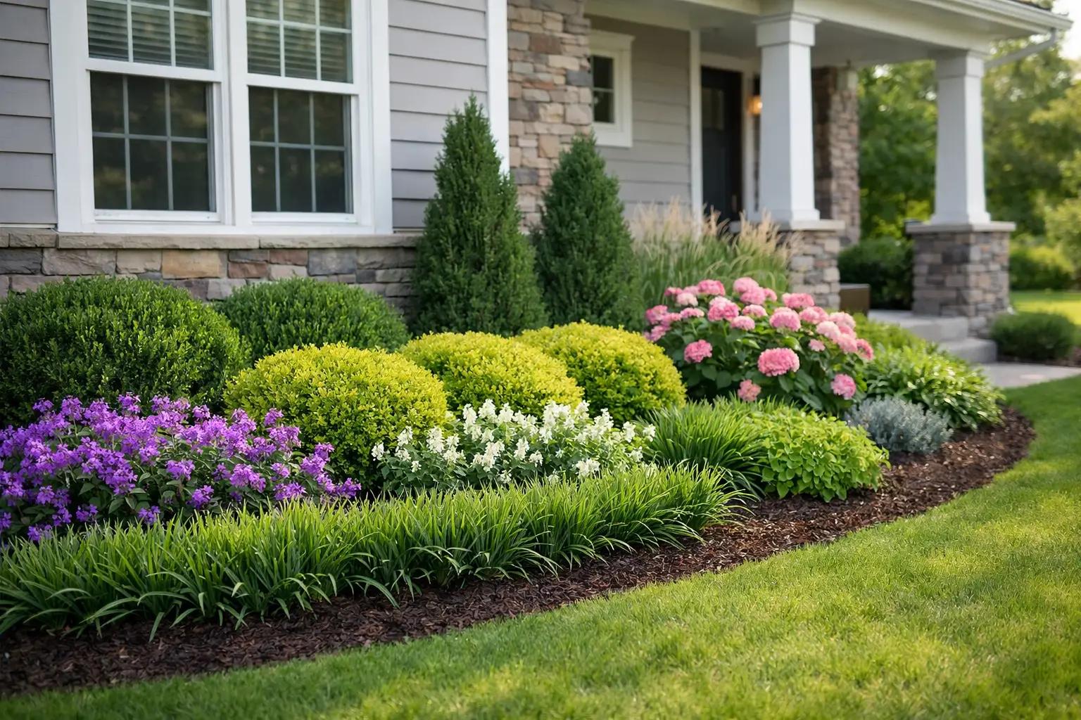Beautiful flowerbed with perfectly pruned bushes and bright flowers