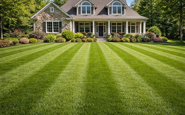 Freshly striped and pruned lawn